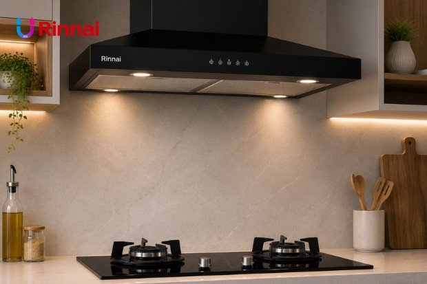 Suasana dapur bersih tanpa asap menggunakan cooker hood Rinnai.