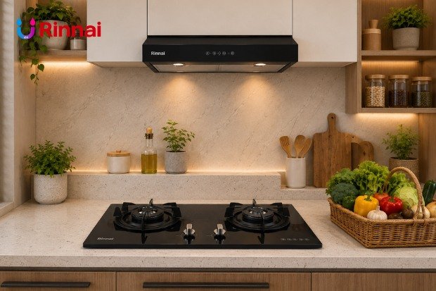 Suasana Kitchen Set Rinnai yang rapi dan nyaman untuk keluarga.