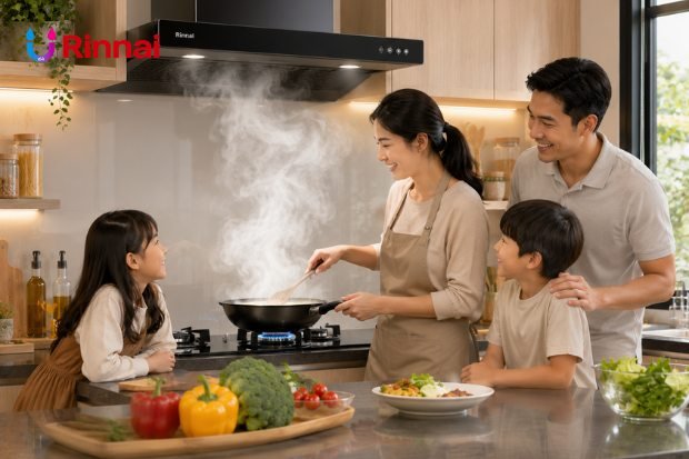 Dapur bersih tanpa asap dengan cooker hood Rinnai bergaya modern.