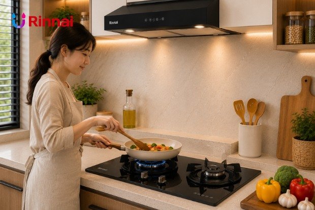 Kitchen Set Rinnai dengan kompor tanam dan cooker hood modern.
