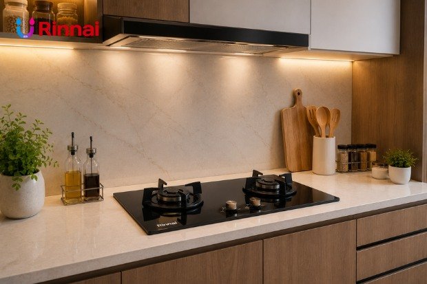 Desain dapur dengan kompor tanam dua tungku yang elegan.