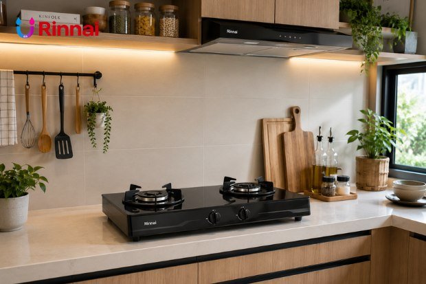 Penataan dapur rumah yang rapi menggunakan kompor gas Rinnai modern.