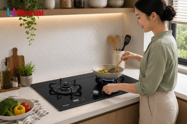 Inspirasi dapur rumah dengan kompor tanam dua tungku bergaya modern.