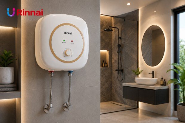 Water Heater Rinnai pada kamar mandi modern yang nyaman untuk kebutuhan keluarga.