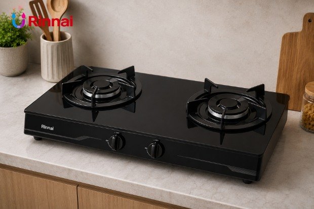 Penataan dapur rumah yang rapi menggunakan kompor gas Rinnai modern.