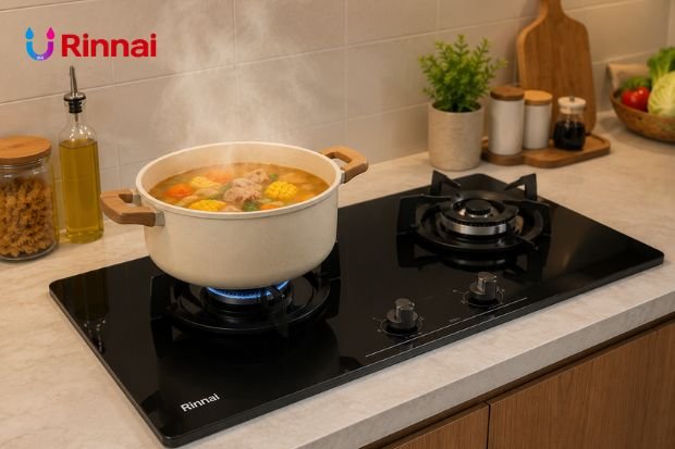 kompor Rinnai di dapur rumah tangga dengan desain minimalis dan area memasak yang rapi distributorrinnai.co.id