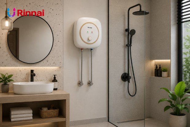 Water Heater Rinnai sebagai solusi air hangat untuk kamar mandi rumah.