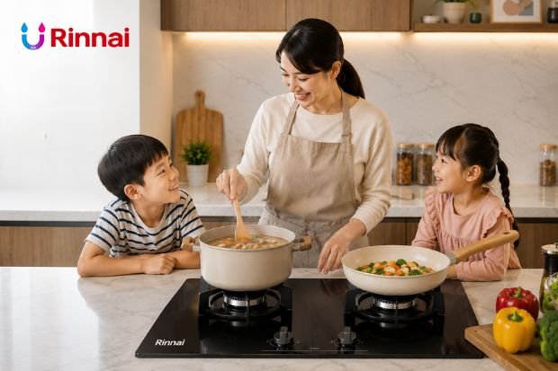 Kompor Tanam Rinnai dua tungku pada kitchen set modern dengan masakan hangat yang sedang dimasak  distributorrinnai.co.id