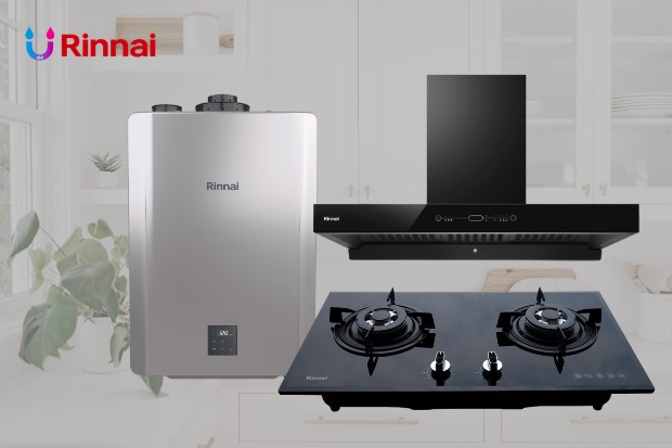 produk Rinnai lengkap berupa water heater built in hob dan cooker hood