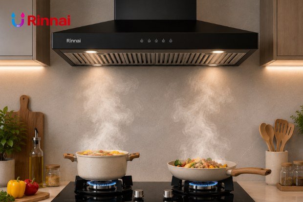 Cooker hood Rinnai membantu menciptakan dapur bersih tanpa asap saat memasak.