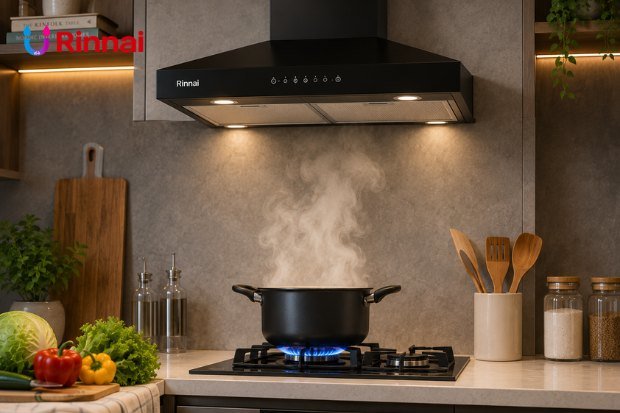 desain dapur dengan Cooker Hood Rinnai