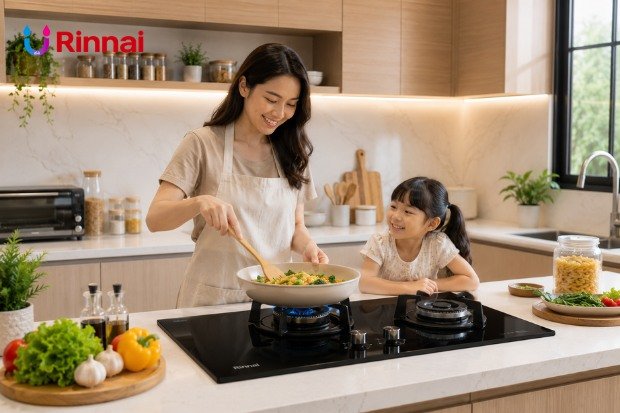 Dapur Nyaman dan Berkualitas untuk Aktivitas Memasak dengan kompor tanam dan cooker hood modern yang tertata rapi.