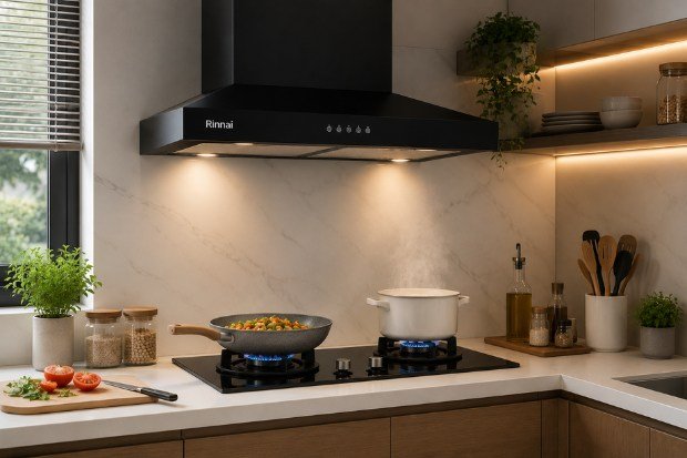 Inspirasi Dapur Modern dengan cooker hood Rinnai pada dapur rumah tangga minimalis yang bersih dan nyaman.