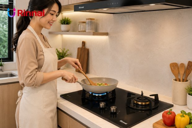 Memasak Nyaman dengan Kompor Berkualitas di dapur modern bersama keluarga menggunakan kompor tanam Rinnai.