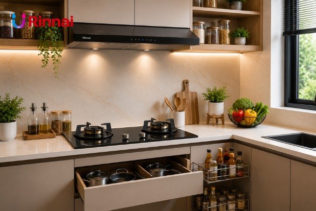 Penataan Dapur yang Baik Membuat Aktivitas Memasak Lebih Efisien dengan kompor tanam dan cooker hood modern yang tertata rapi.