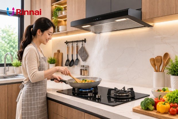 Peralatan Modern Mendukung Dapur Nyaman dan Berkualitas dengan kompor tanam dan cooker hood modern yang tertata rapi.