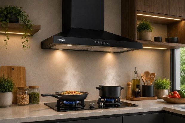 Inspirasi Dapur Modern untuk rumah minimalis dengan cooker hood Rinnai dan area memasak yang rapi serta fungsional.

