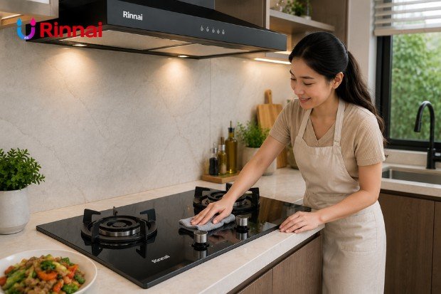Perawatan Kompor dan Cooker Hood agar Tetap Optimal melalui kebiasaan mengelap kompor Rinnai agar tetap bersih dan awet.